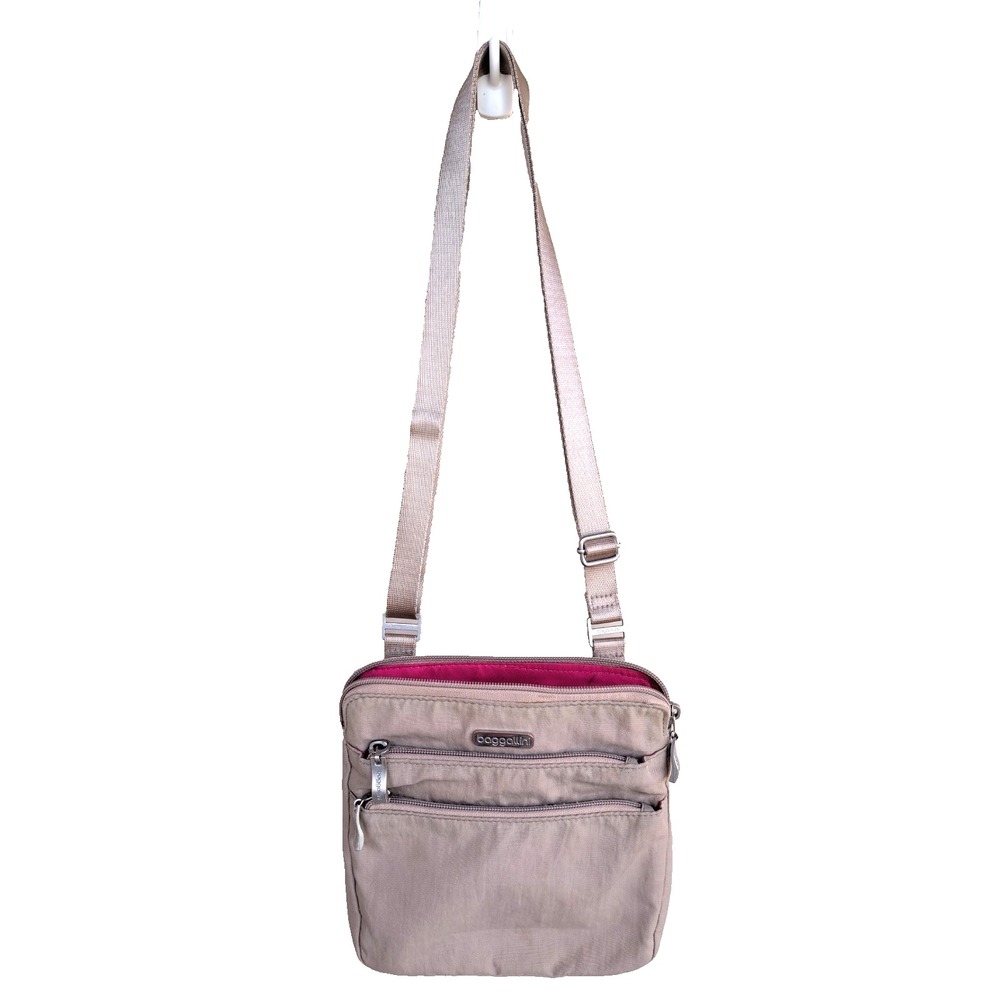 Baggallini Lets Escape Womens Taupe Nylon Crossbody Bag Purple Lining Travel Sma